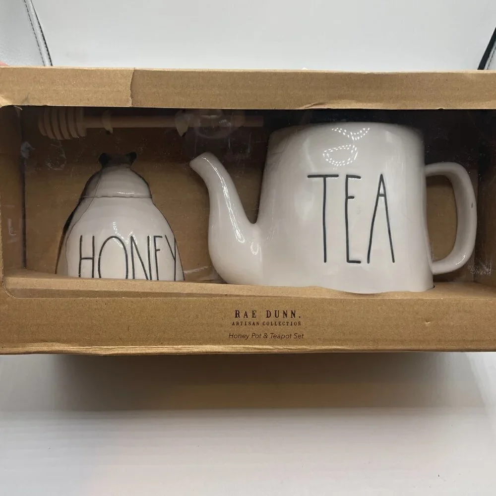 NIB Rae Dunn Honey Pot & Tea Pot Honey Dipper 3- Piece Creamware Gift Set